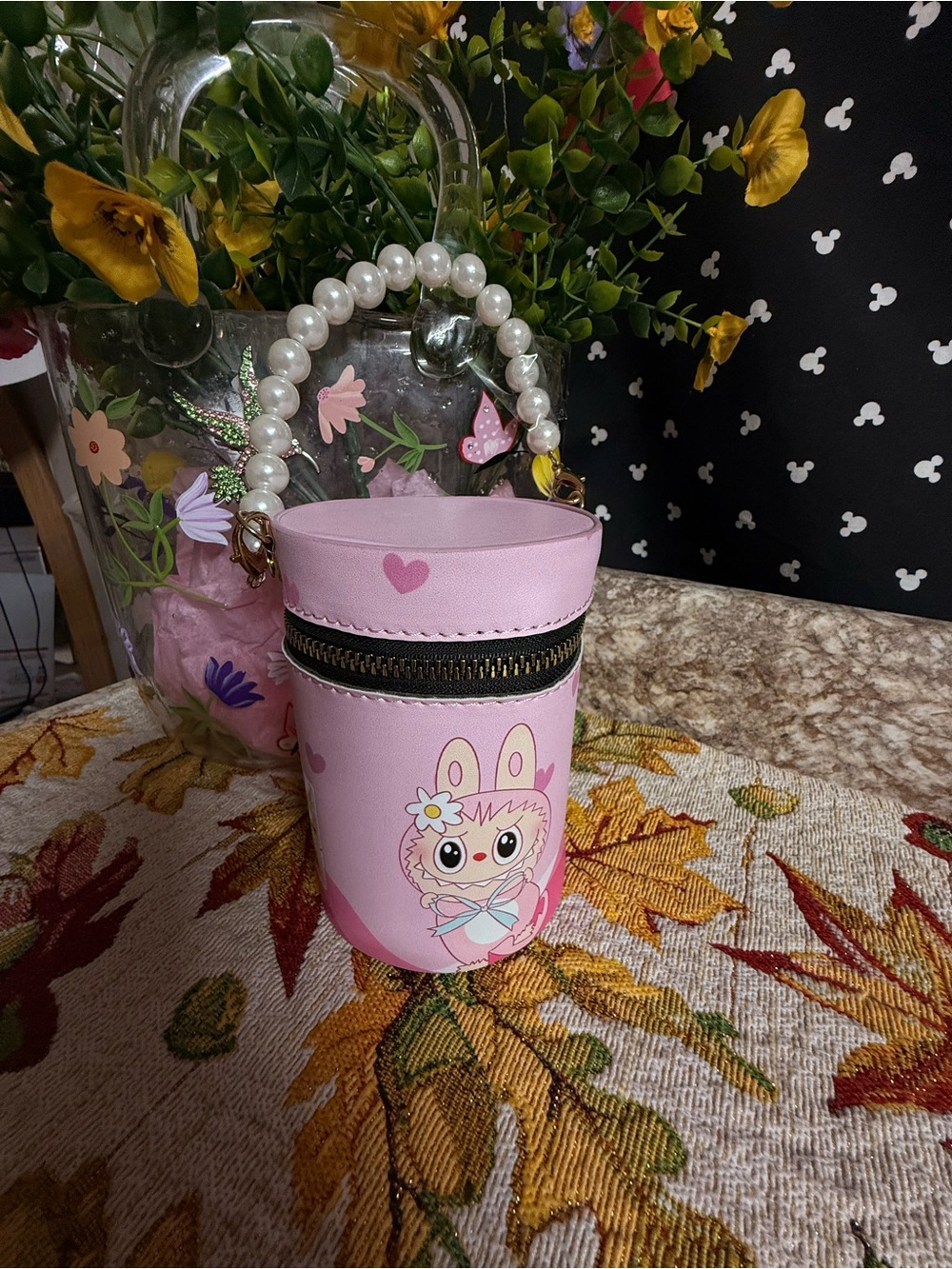 Pink Bunny Pearl-Handle Kids Accessory Pouch